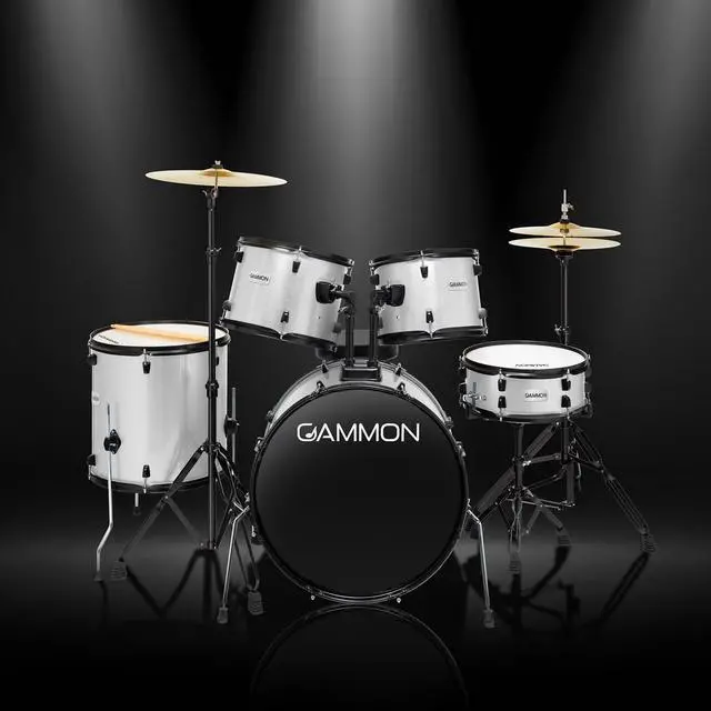 Alt view image 3 of 6 - Gammon Percussion Full Size Complete Adult 5-Piece Drum Set with Cymbals, Stands, Stool, and Sticks - Silver