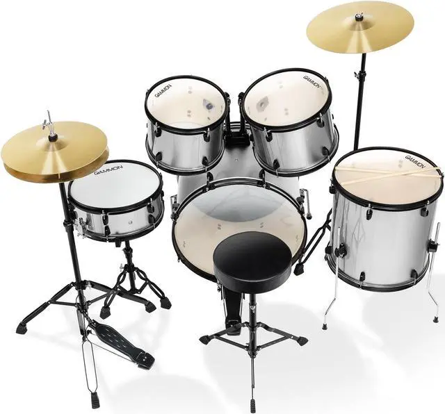 Alt view image 4 of 6 - Gammon Percussion Full Size Complete Adult 5-Piece Drum Set with Cymbals, Stands, Stool, and Sticks - Silver