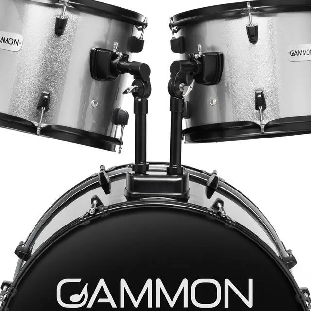 Alt view image 5 of 6 - Gammon Percussion Full Size Complete Adult 5-Piece Drum Set with Cymbals, Stands, Stool, and Sticks - Silver