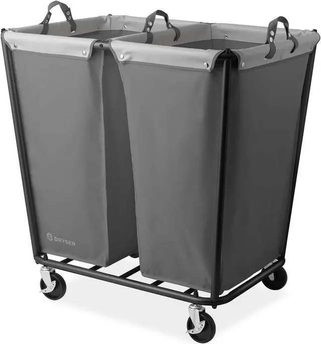 Main image of Dryser Divided Commercial Heavy-Duty Rolling Laundry Hamper, Steel Frame Cart on Wheels with 2 Section Removable Canvas Bins for Hotel or Home - Gray