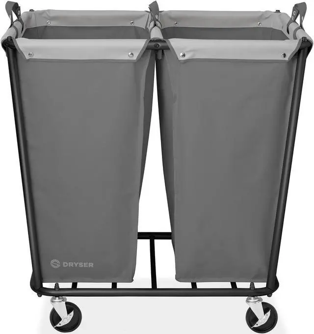 Alt view image 2 of 6 - Dryser Divided Commercial Heavy-Duty Rolling Laundry Hamper, Steel Frame Cart on Wheels with 2 Section Removable Canvas Bins for Hotel or Home - Gray
