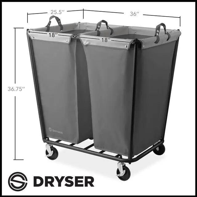 Alt view image 6 of 6 - Dryser Divided Commercial Heavy-Duty Rolling Laundry Hamper, Steel Frame Cart on Wheels with 2 Section Removable Canvas Bins for Hotel or Home - Gray