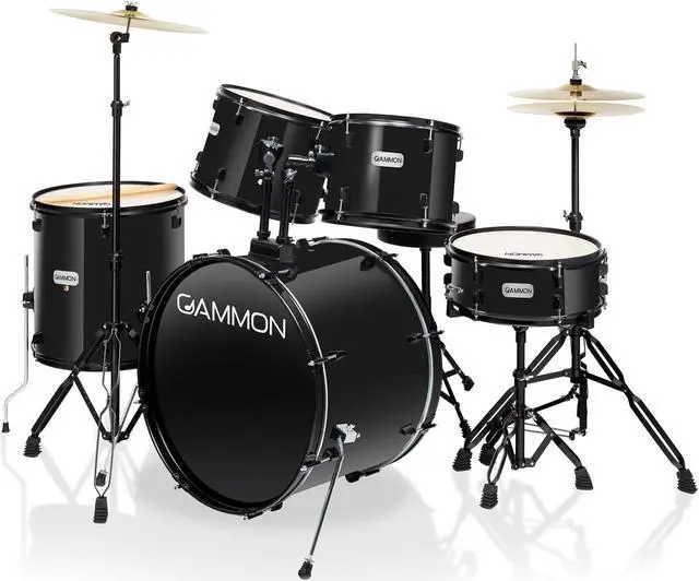 Alt view image 2 of 6 - Gammon Percussion Full Size Complete Adult 5-Piece Drum Set with Cymbals, Stands, Stool, and Sticks - Black