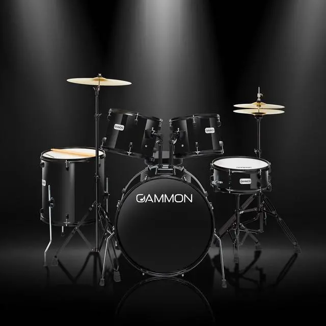 Alt view image 3 of 6 - Gammon Percussion Full Size Complete Adult 5-Piece Drum Set with Cymbals, Stands, Stool, and Sticks - Black