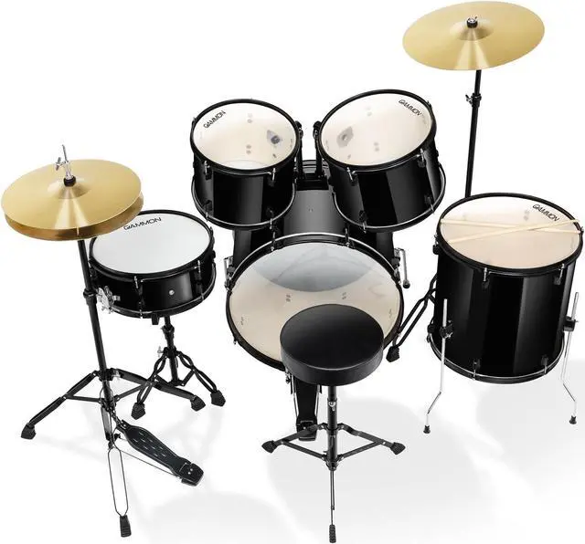 Alt view image 4 of 6 - Gammon Percussion Full Size Complete Adult 5-Piece Drum Set with Cymbals, Stands, Stool, and Sticks - Black