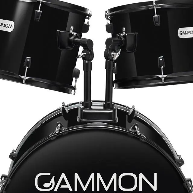 Alt view image 5 of 6 - Gammon Percussion Full Size Complete Adult 5-Piece Drum Set with Cymbals, Stands, Stool, and Sticks - Black