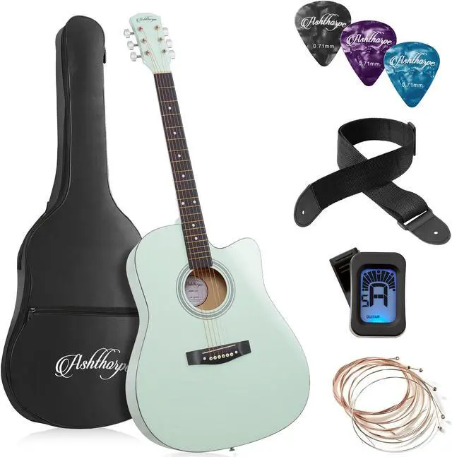 Main image of Ashthorpe 41-inch Beginner Cutaway Acoustic Guitar Package (Mint Green), Full Size Basic Starter Kit w/ Gig Bag, Strings, Strap, Tuner, Picks