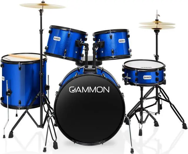 Main image of Gammon Percussion Full Size Complete Adult 5-Piece Drum Set with Cymbals, Stands, Stool, and Sticks - Blue