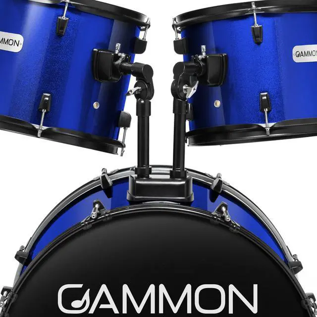 Alt view image 5 of 6 - Gammon Percussion Full Size Complete Adult 5-Piece Drum Set with Cymbals, Stands, Stool, and Sticks - Blue