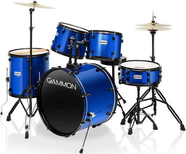 Alt view image 2 of 6 - Gammon Percussion Full Size Complete Adult 5-Piece Drum Set with Cymbals, Stands, Stool, and Sticks - Blue