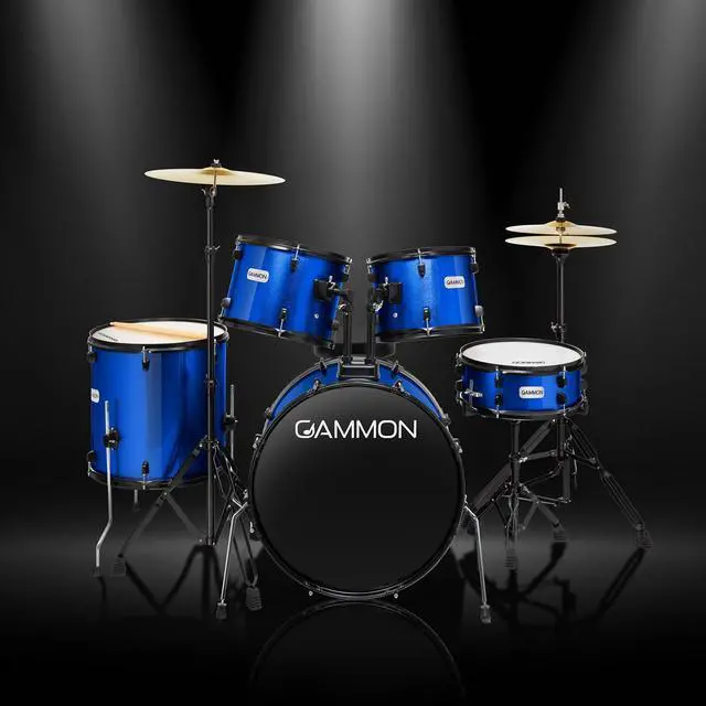 Alt view image 3 of 6 - Gammon Percussion Full Size Complete Adult 5-Piece Drum Set with Cymbals, Stands, Stool, and Sticks - Blue