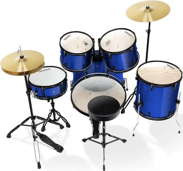 Alt view image 4 of 6 - Gammon Percussion Full Size Complete Adult 5-Piece Drum Set with Cymbals, Stands, Stool, and Sticks - Blue