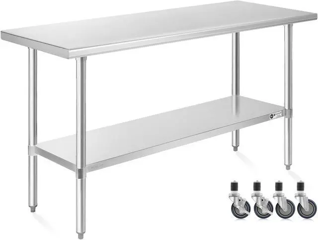 Main image of KUTLER Stainless Steel Table 24 x 60 Inches with Caster Wheels, NSF Heavy Duty Commercial Prep and Work Table with Undershelf for Restaurant, Hotel, Home