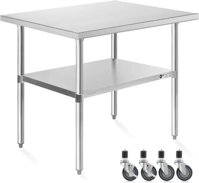 Main image of KUTLER Stainless Steel Table 30 x 48 Inches with Caster Wheels, NSF Heavy Duty Commercial Prep and Work Table with Undershelf for Restaurant, Hotel, Home