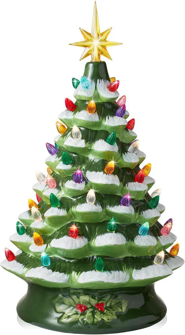 Main image of Casafield Hand Painted Ceramic Christmas Tree, Green Snow Flocked 15-Inch Pre-Lit Tree with 128 Multi-color Lights and 2 Star Toppers