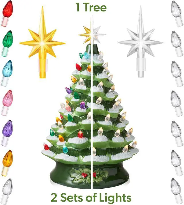 Alt view image 2 of 6 - Casafield Hand Painted Ceramic Christmas Tree, Green Snow Flocked 15-Inch Pre-Lit Tree with 128 Multi-color Lights and 2 Star Toppers