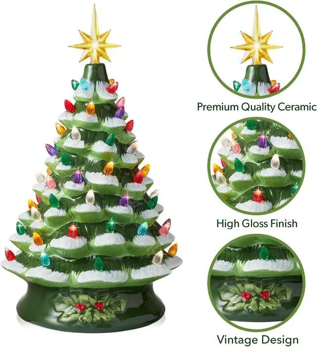Alt view image 3 of 6 - Casafield Hand Painted Ceramic Christmas Tree, Green Snow Flocked 15-Inch Pre-Lit Tree with 128 Multi-color Lights and 2 Star Toppers
