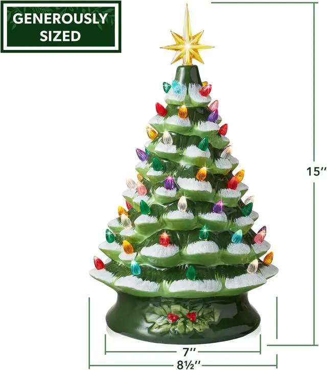 Alt view image 6 of 6 - Casafield Hand Painted Ceramic Christmas Tree, Green Snow Flocked 15-Inch Pre-Lit Tree with 128 Multi-color Lights and 2 Star Toppers