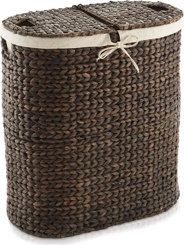 Alt view image 3 of 6 - Casafield Oval Laundry Hamper with Lids and Removable Liner Bags - Espresso, Woven Water Hyacinth 2-Section Laundry Basket Sorter for Clothes and Towels
