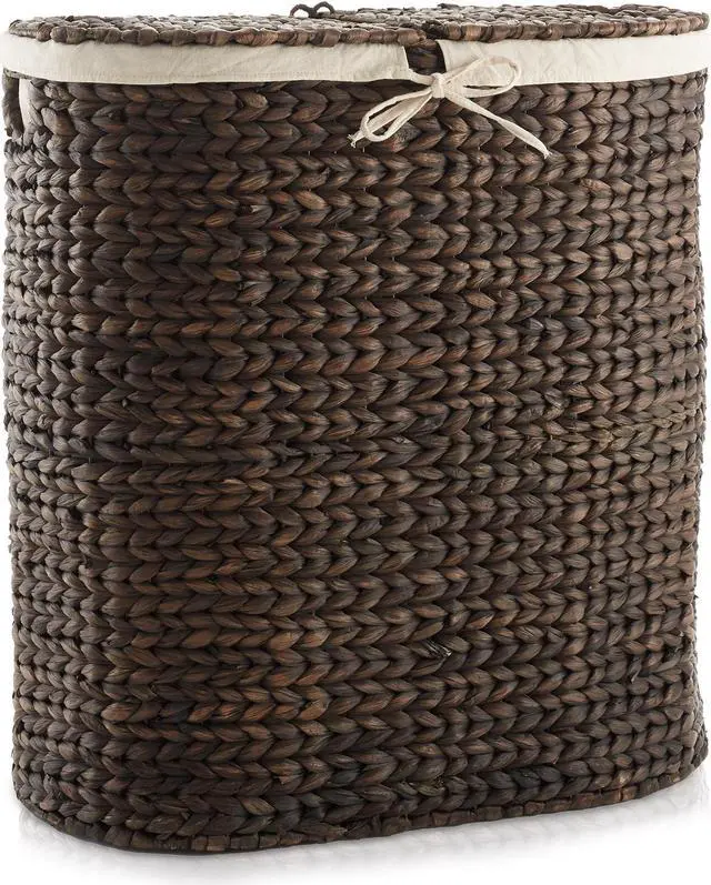 Alt view image 4 of 6 - Casafield Oval Laundry Hamper with Lids and Removable Liner Bags - Espresso, Woven Water Hyacinth 2-Section Laundry Basket Sorter for Clothes and Towels