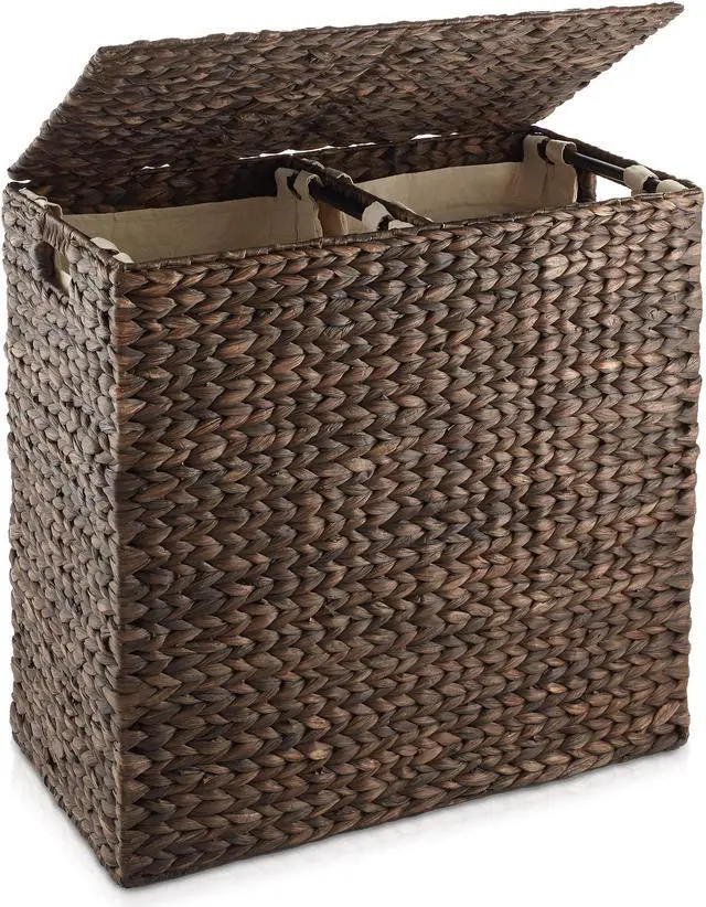 Main image of Casafield 2-Section Laundry Hamper with Removable Liner Bags - Espresso, Woven Water Hyacinth Double Laundry Basket Sorter for Clothes and Towels