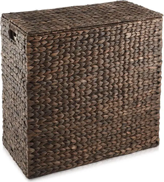 Alt view image 3 of 6 - Casafield 2-Section Laundry Hamper with Removable Liner Bags - Espresso, Woven Water Hyacinth Double Laundry Basket Sorter for Clothes and Towels