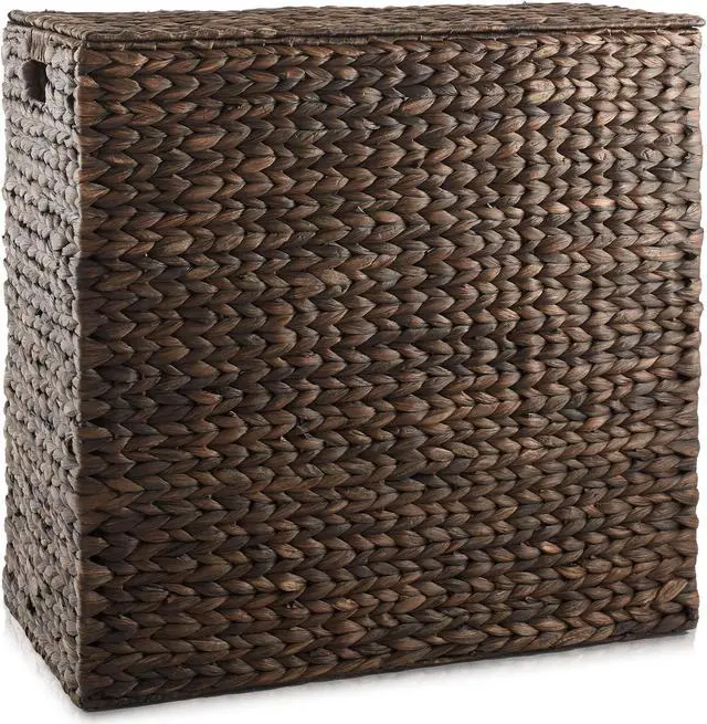 Alt view image 4 of 6 - Casafield 2-Section Laundry Hamper with Removable Liner Bags - Espresso, Woven Water Hyacinth Double Laundry Basket Sorter for Clothes and Towels