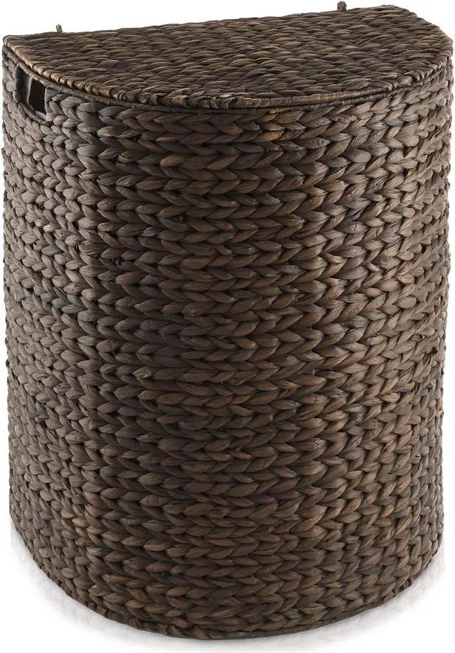 Alt view image 3 of 6 - Casafield Half Moon Laundry Hamper with Lid and Removable Liner Bag - Espresso, Woven Water Hyacinth Laundry Basket for Clothes and Towels