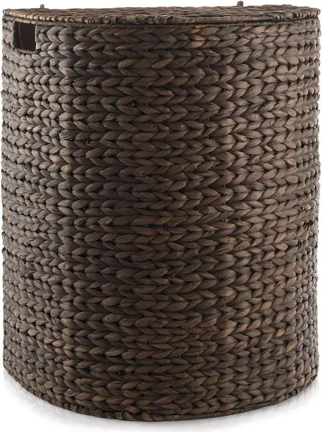 Alt view image 4 of 6 - Casafield Half Moon Laundry Hamper with Lid and Removable Liner Bag - Espresso, Woven Water Hyacinth Laundry Basket for Clothes and Towels