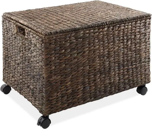 Alt view image 3 of 6 - Casafield Rolling Storage Basket Cart with Lid and Locking Wheels, Espresso - Handwoven Water Hyacinth Divided Recycling Sorting Bin for Kitchen, Laundry Room, Garage