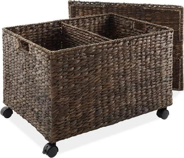 Main image of Casafield Rolling Storage Basket Cart with Lid and Locking Wheels, Espresso - Handwoven Water Hyacinth Divided Recycling Sorting Bin for Kitchen, Laundry Room, Garage