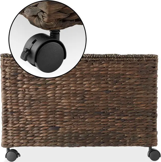 Alt view image 5 of 6 - Casafield Rolling Storage Basket Cart with Lid and Locking Wheels, Espresso - Handwoven Water Hyacinth Divided Recycling Sorting Bin for Kitchen, Laundry Room, Garage