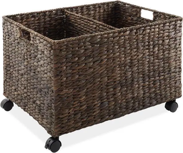 Alt view image 4 of 6 - Casafield Rolling Storage Basket Cart with Lid and Locking Wheels, Espresso - Handwoven Water Hyacinth Divided Recycling Sorting Bin for Kitchen, Laundry Room, Garage