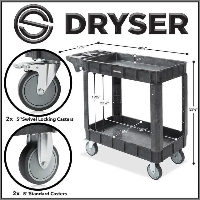 Alt view image 6 of 6 - Dryser Utility Service Cart with Wheels, 40" x 17" Heavy Duty 550 lb. Capacity with Shelves - 2 Tier Rolling Cart with Two 5" Swivel Casters for Warehouse, Garage, Cleaning