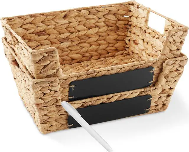Main image of Casafield Set of 2 Water Hyacinth Pantry Baskets with Handles, Chalkboard Labels, and Marker - Natural, Wide Woven Storage Bin Organizers for Kitchen Shelves