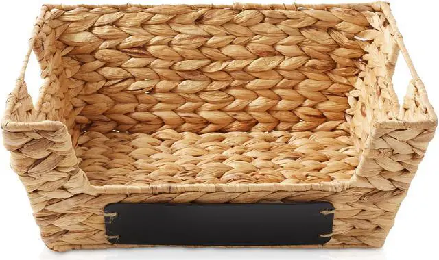 Alt view image 4 of 6 - Casafield Set of 2 Water Hyacinth Pantry Baskets with Handles, Chalkboard Labels, and Marker - Natural, Wide Woven Storage Bin Organizers for Kitchen Shelves