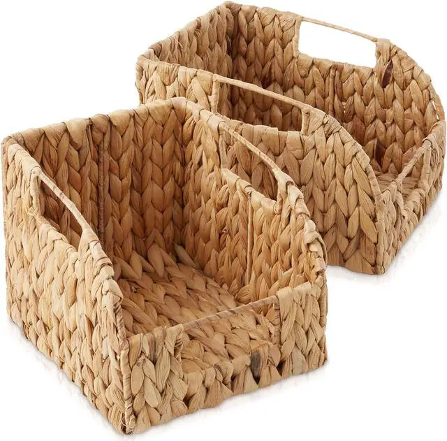 Alt view image 3 of 6 - Casafield Set of 2 Water Hyacinth Pantry Baskets with Handles - Natural, Woven Storage Bin Organizers for Kitchen Shelves, Medium and Large Sizes