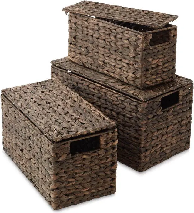 Main image of Casafield Set of 3 Water Hyacinth Storage Baskets with Lids, Espresso - Small, Medium, Large Woven Nesting Bins for Bathroom, Bedroom, Closets, Shelves