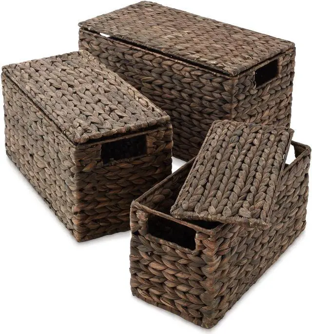 Alt view image 3 of 6 - Casafield Set of 3 Water Hyacinth Storage Baskets with Lids, Espresso - Small, Medium, Large Woven Nesting Bins for Bathroom, Bedroom, Closets, Shelves