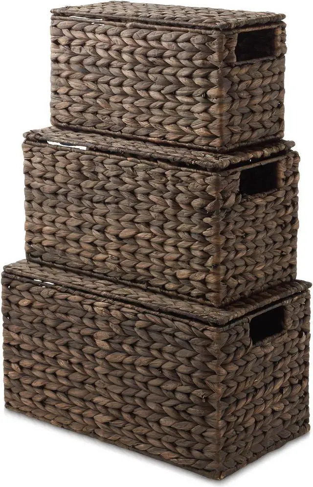 Alt view image 4 of 6 - Casafield Set of 3 Water Hyacinth Storage Baskets with Lids, Espresso - Small, Medium, Large Woven Nesting Bins for Bathroom, Bedroom, Closets, Shelves