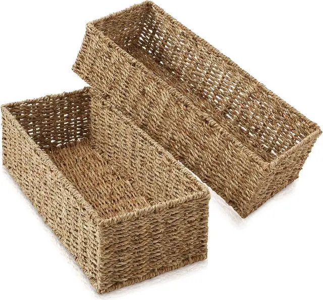 Main image of Casafield Set of 2 Bathroom Storage Baskets, Natural - Seagrass, 16" W  x 6.75" D x 4.25" H, Woven Toilet Tank Topper Bins for Organizing Tissues, Toilet Paper, Toiletries, Shelves