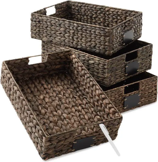 Main image of Casafield Set of 4 Water Hyacinth Pantry Baskets, 12-1/2" x 17" x 5", with Chalkboard Labels and Chalk Marker - Espresso, Woven Storage Bin Organizers for Kitchen Shelves