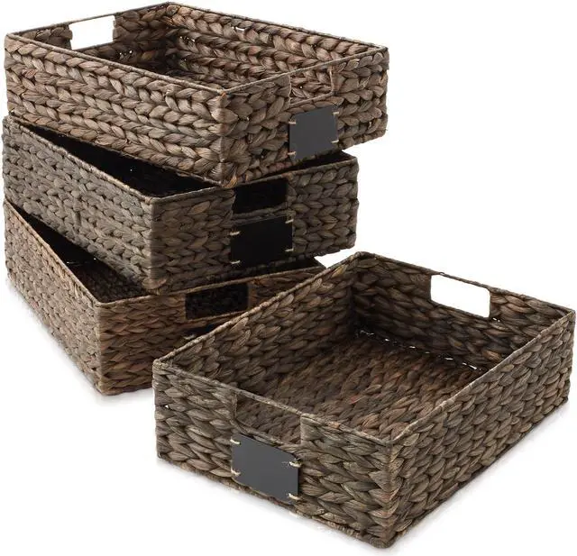 Alt view image 3 of 6 - Casafield Set of 4 Water Hyacinth Pantry Baskets, 12-1/2" x 17" x 5", with Chalkboard Labels and Chalk Marker - Espresso, Woven Storage Bin Organizers for Kitchen Shelves