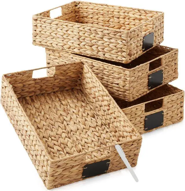 Main image of Casafield Set of 4 Water Hyacinth Pantry Baskets, 12-1/2" x 17" x 5", with Chalkboard Labels and Chalk Marker - Natural, Woven Storage Bin Organizers for Kitchen Shelves