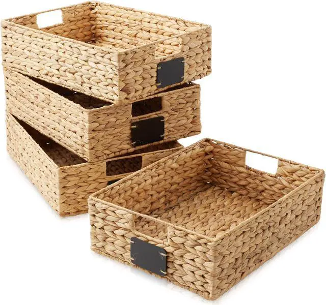 Alt view image 3 of 6 - Casafield Set of 4 Water Hyacinth Pantry Baskets, 12-1/2" x 17" x 5", with Chalkboard Labels and Chalk Marker - Natural, Woven Storage Bin Organizers for Kitchen Shelves