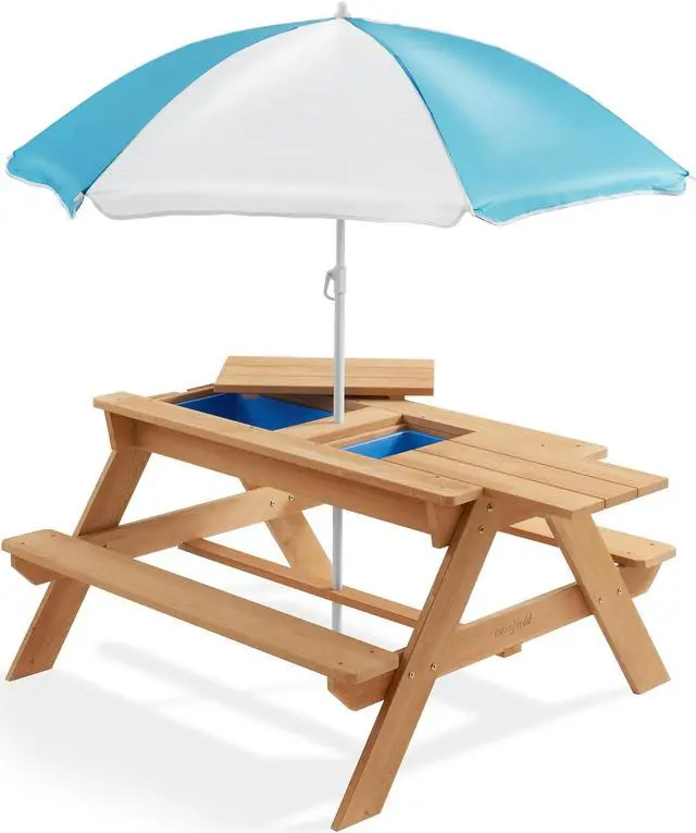 Main image of Casafield Children's Sand and Water Activity Table, 3-in-1 Wooden Outdoor Picnic Table with Umbrella, 2 Play Boxes and Removable Lid, Natural