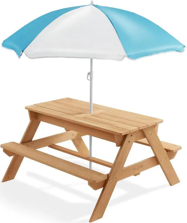 Alt view image 2 of 6 - Casafield Children's Sand and Water Activity Table, 3-in-1 Wooden Outdoor Picnic Table with Umbrella, 2 Play Boxes and Removable Lid, Natural