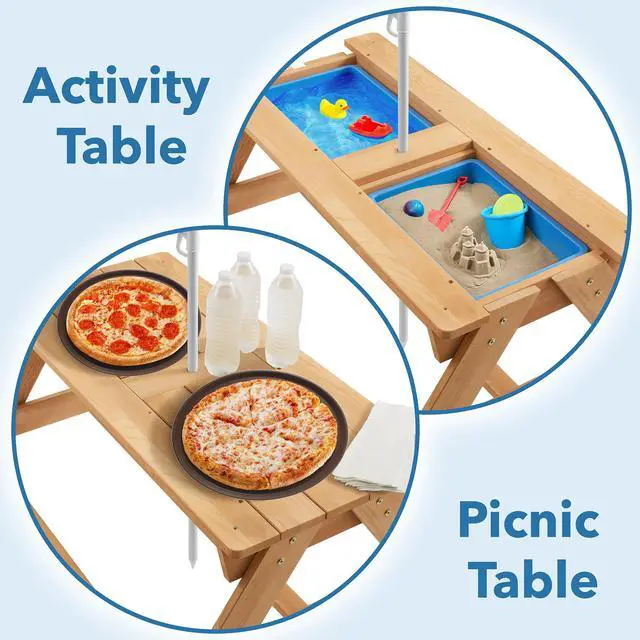 Alt view image 4 of 6 - Casafield Children's Sand and Water Activity Table, 3-in-1 Wooden Outdoor Picnic Table with Umbrella, 2 Play Boxes and Removable Lid, Natural
