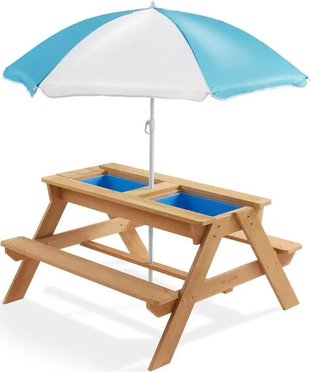 Alt view image 3 of 6 - Casafield Children's Sand and Water Activity Table, 3-in-1 Wooden Outdoor Picnic Table with Umbrella, 2 Play Boxes and Removable Lid, Natural