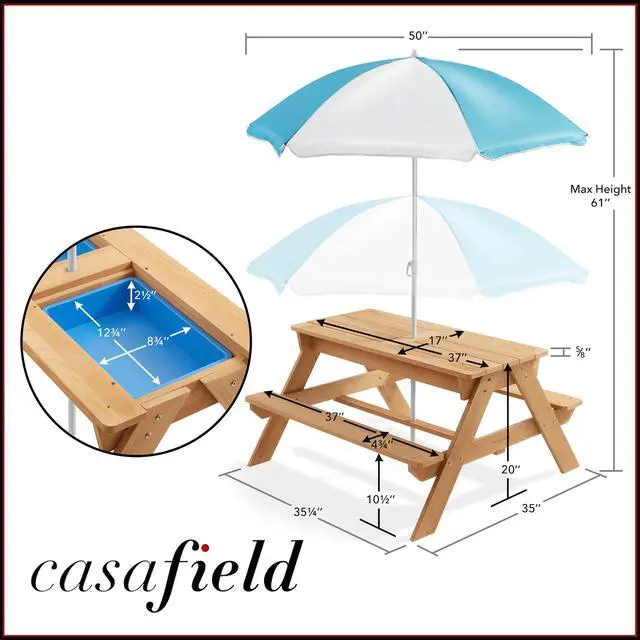 Alt view image 6 of 6 - Casafield Children's Sand and Water Activity Table, 3-in-1 Wooden Outdoor Picnic Table with Umbrella, 2 Play Boxes and Removable Lid, Natural